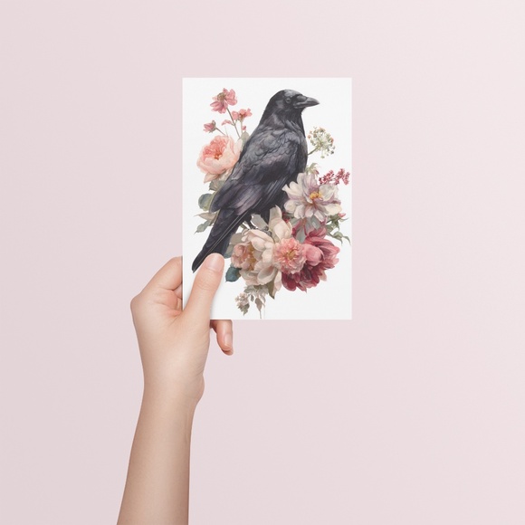 Watercolor Floral Black Crow Wall Art Print Unframed - Black Bird Illustration - Picture 5 of 6